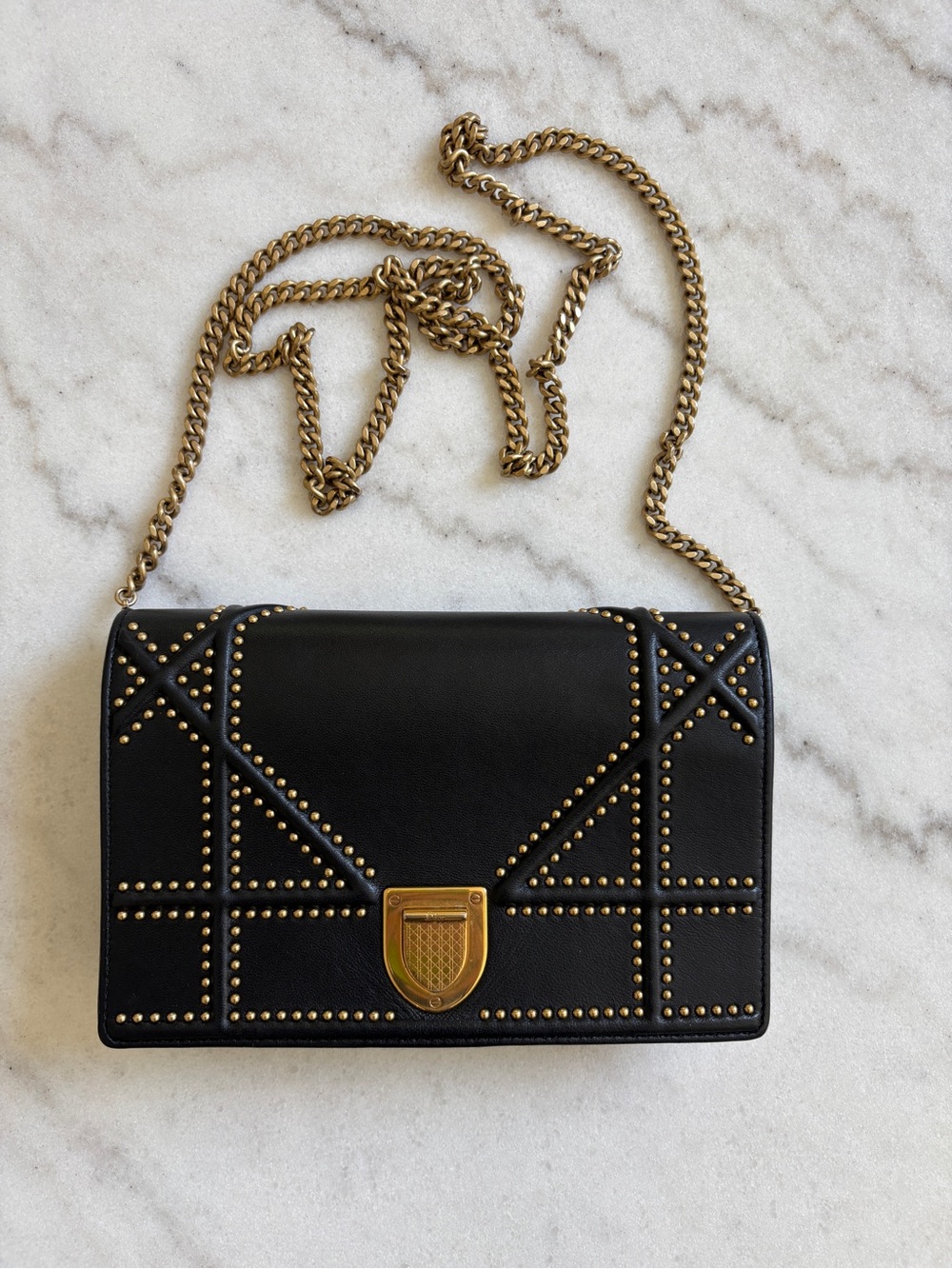 Dior Diorama Black Leather Studded Crossbody with Gold Chain